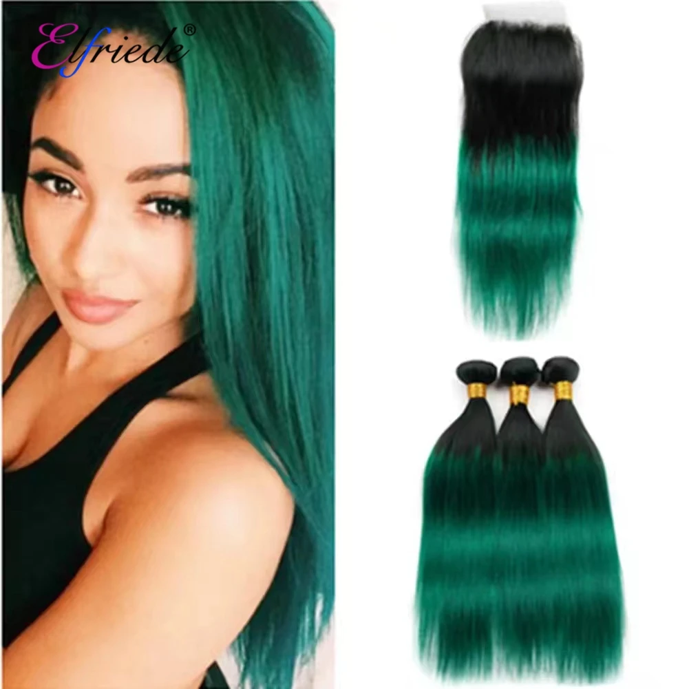 Elfriede Ombre Fasci verdi con chiusura con capelli del bambino Tessuto di capelli umani colorati lisci 3 pacchi con pizzo trasparente 4x4