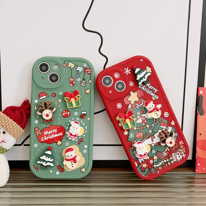 3D Merry Christmas Santa Tree Cute Phone Case for iphone 14 Plus 13 Pro Max 12 11 X XS XR Soft Cartoon Cover New Years Gift