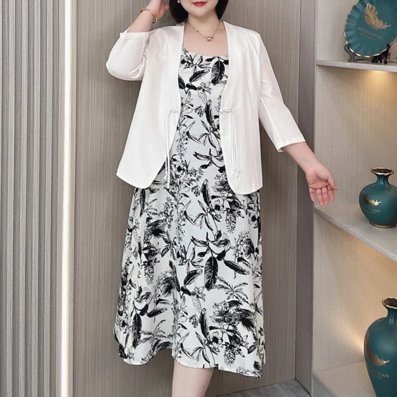 V-neck Chinese Style Button Suit Jacket Women Summer Thin Plus Size Temperament Slim Casual 3/4 Sleeve Blazer