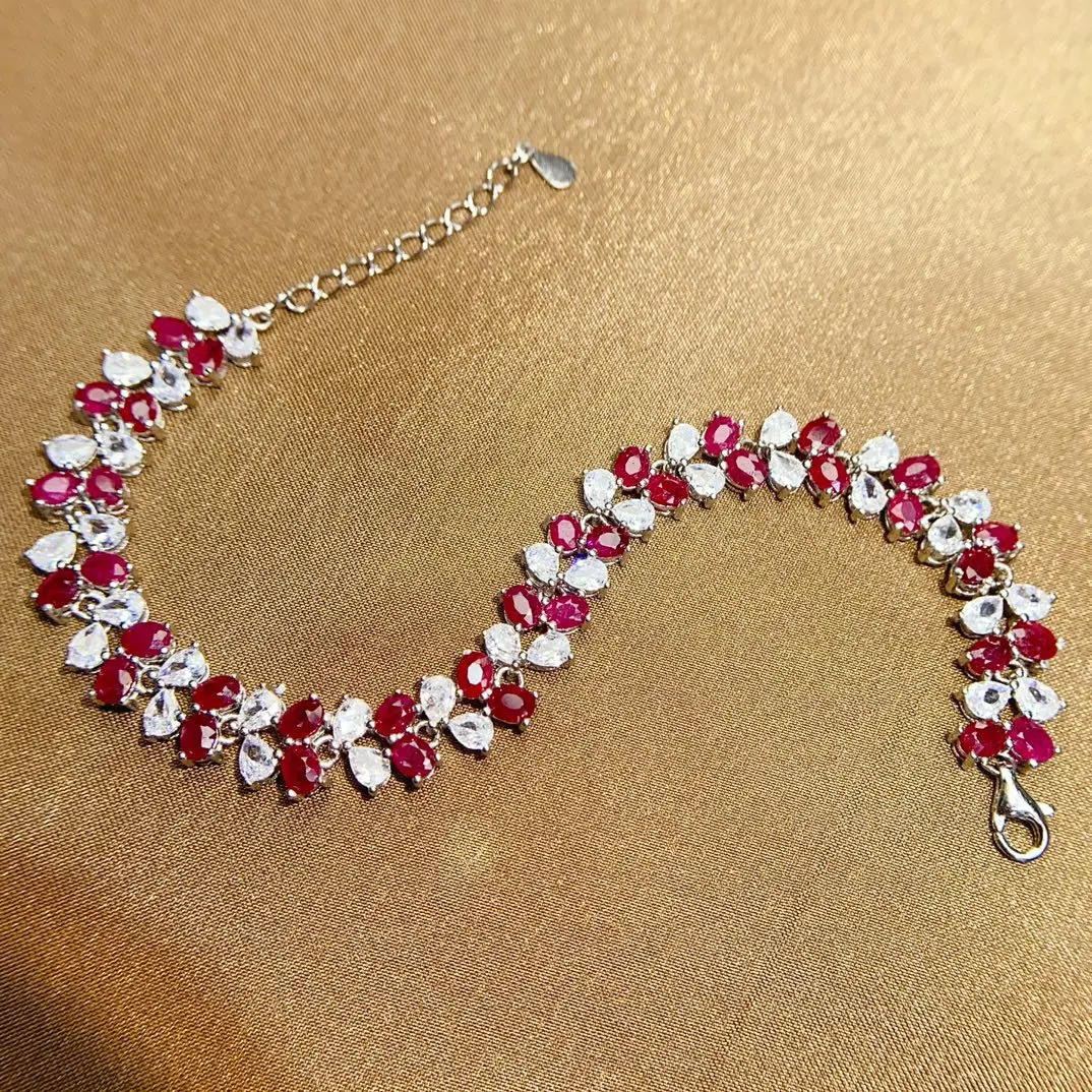 S925 Sterling Silver Natural Heated Ruby Bracelet,3*4mm Oval Gemstone With Zircon Accent,Adjustable Jewelry Gift for Women