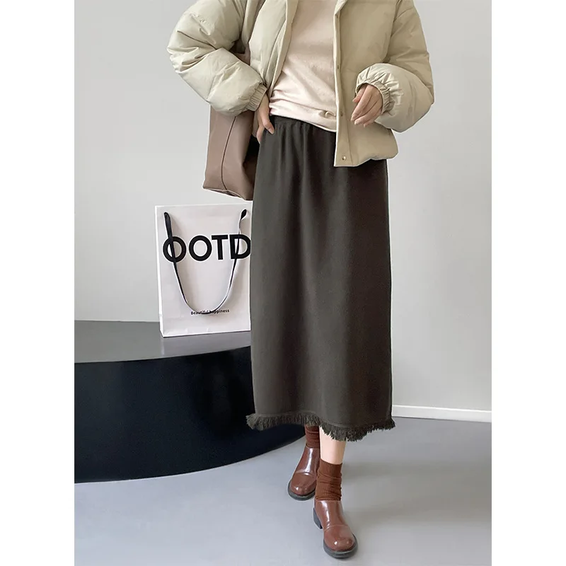 

Women's Knit Fringe Skirt Fashion Simple High Waist Slit Skirt Female Loose Solid High Quality A-Line Long Skirts For Woman