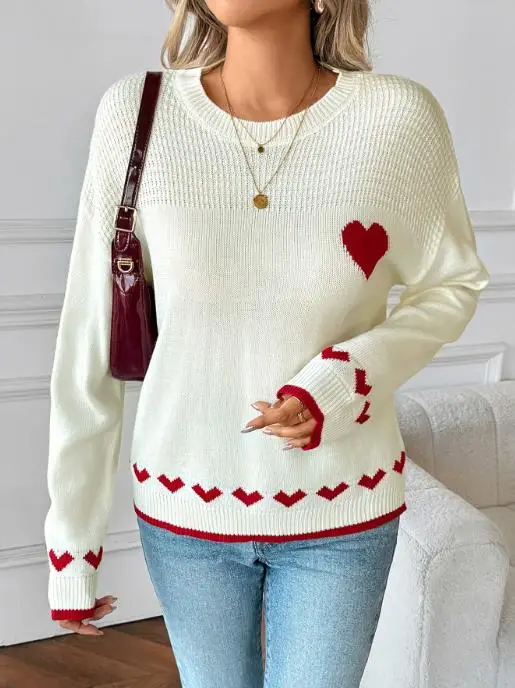 

2025 Autumn and Winter Simple Fashion Color Blocked Love Jacquard Knitted Sweater Women's Cute Casual Style Knitted Sweater