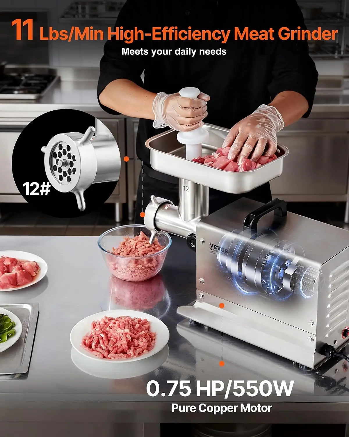 Meat Grinder, 0.75 HP 550W, 11 Lbs/Min Electric Meat Grinders with Blade, Grinding Plate, Sausage Maker, Stainless Steel Commerc