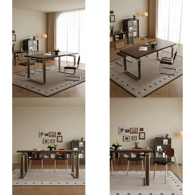 Rectangle dining table, solid ash wood, dark stained tabletop U-shaped stainless steel cantilever legs, industrial retro