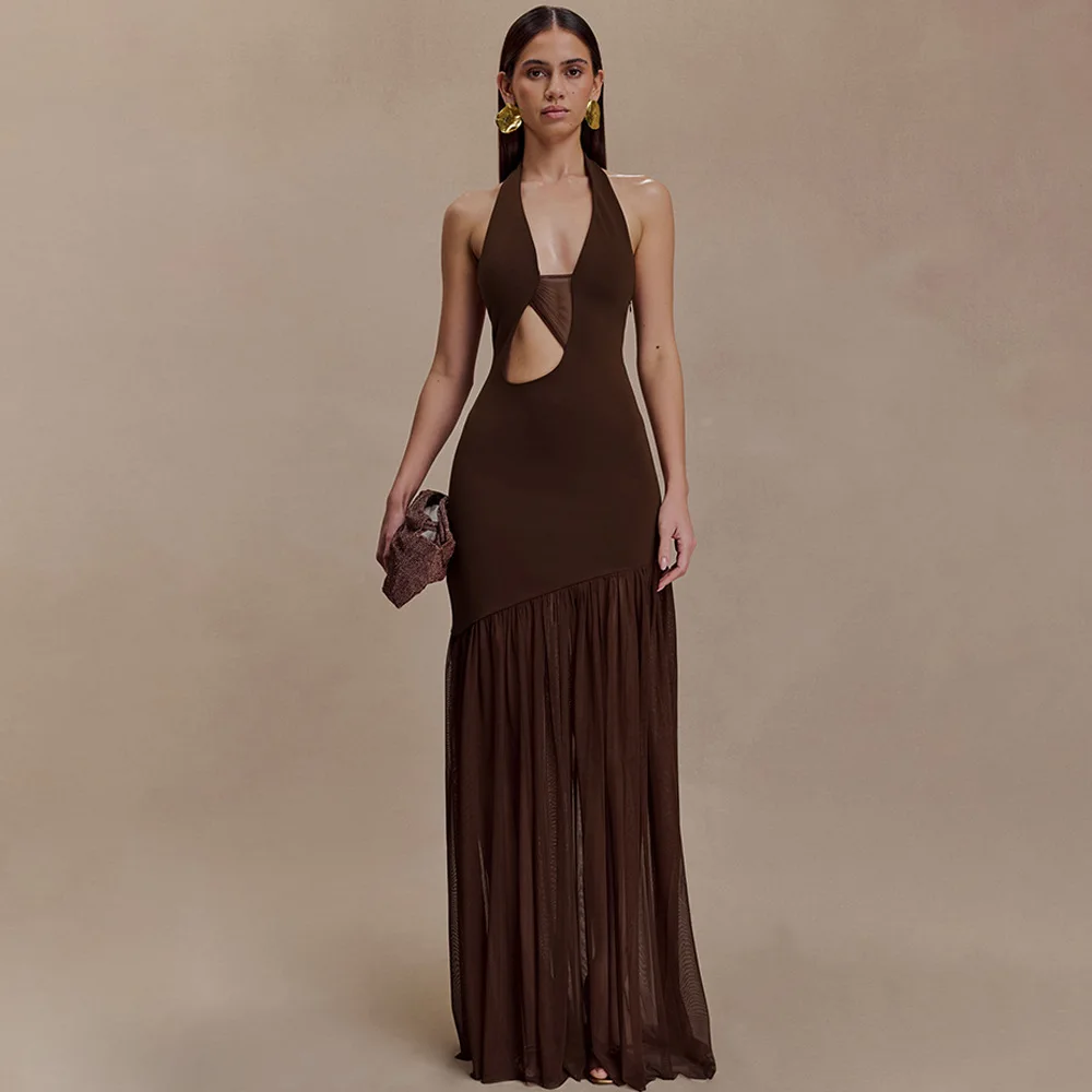 Apprabant Sexy Halter Deep V Neck Cut Out Mesh Maxi Dress Women Elegant Backless Ruched A-line Gown Evening Party Wedding Outfit