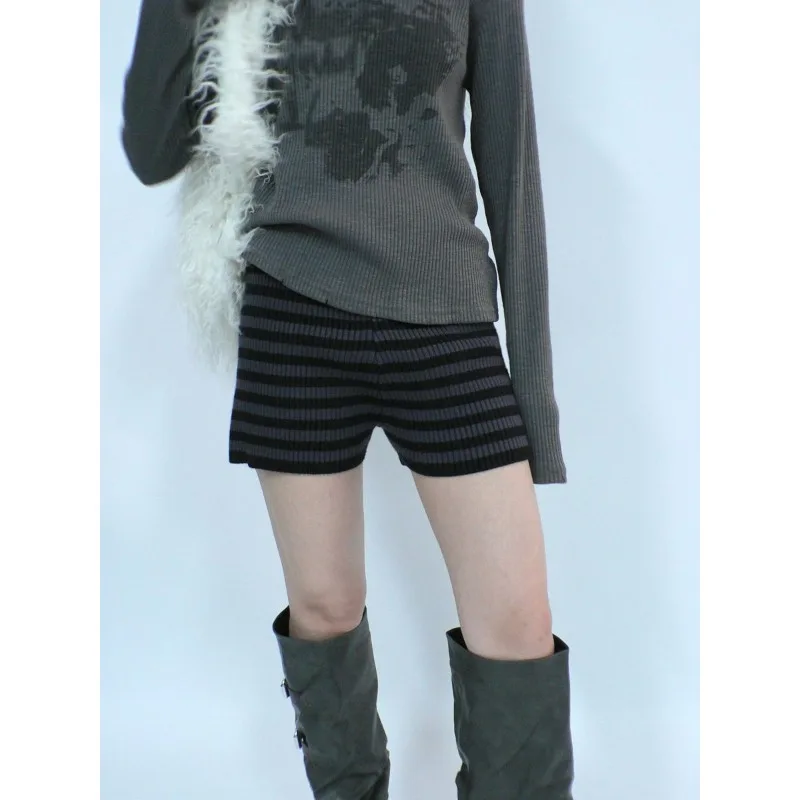 Modieuze retro gesplitste gestreepte stretch slanke elastische hoge taille gebreide casual veelzijdige gepersonaliseerde shorts voor dames