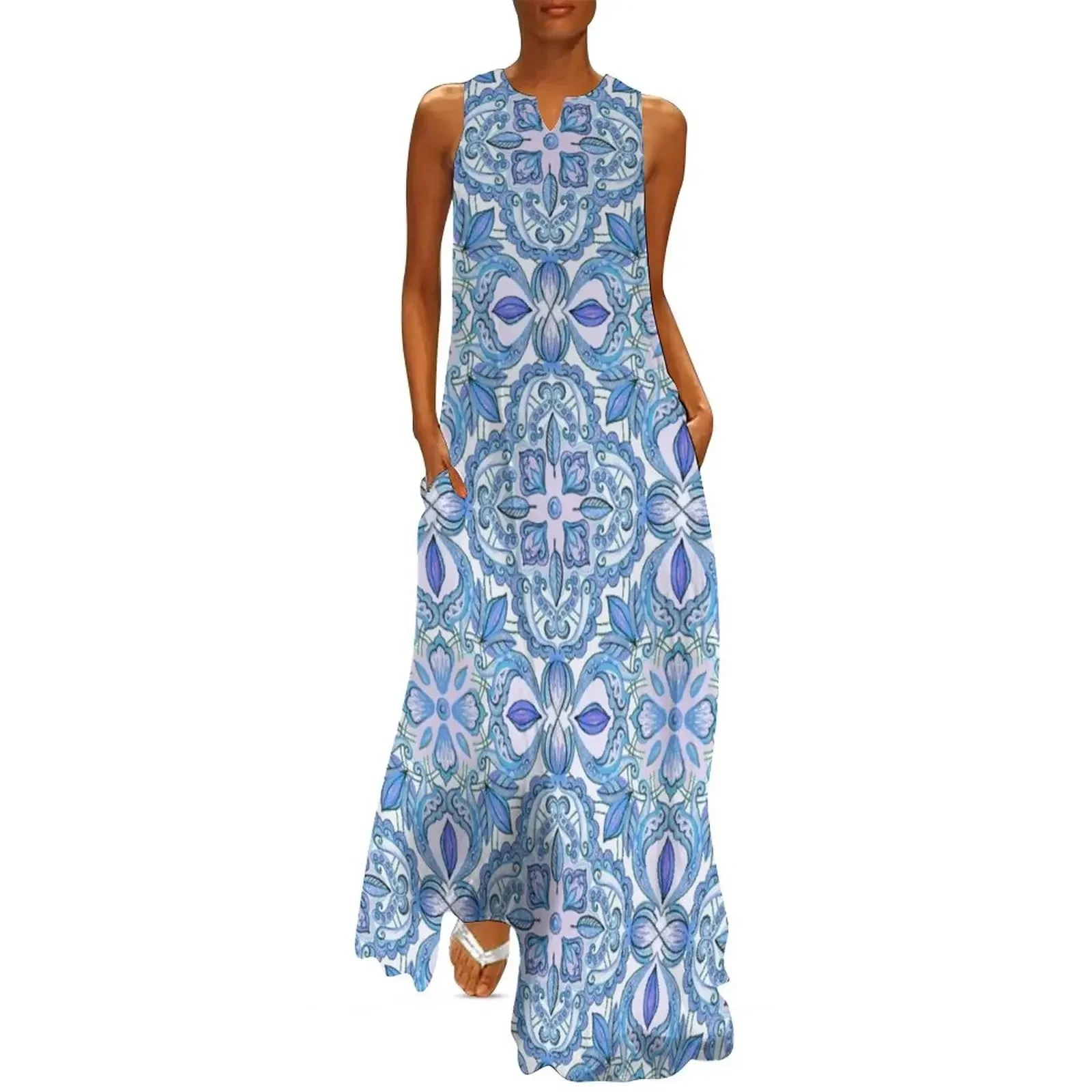 

Cornflower Blue, Lilac & White Floral Pattern Long Dress Dresses sensual sexy dress for women dresses for womens 2025 Dress