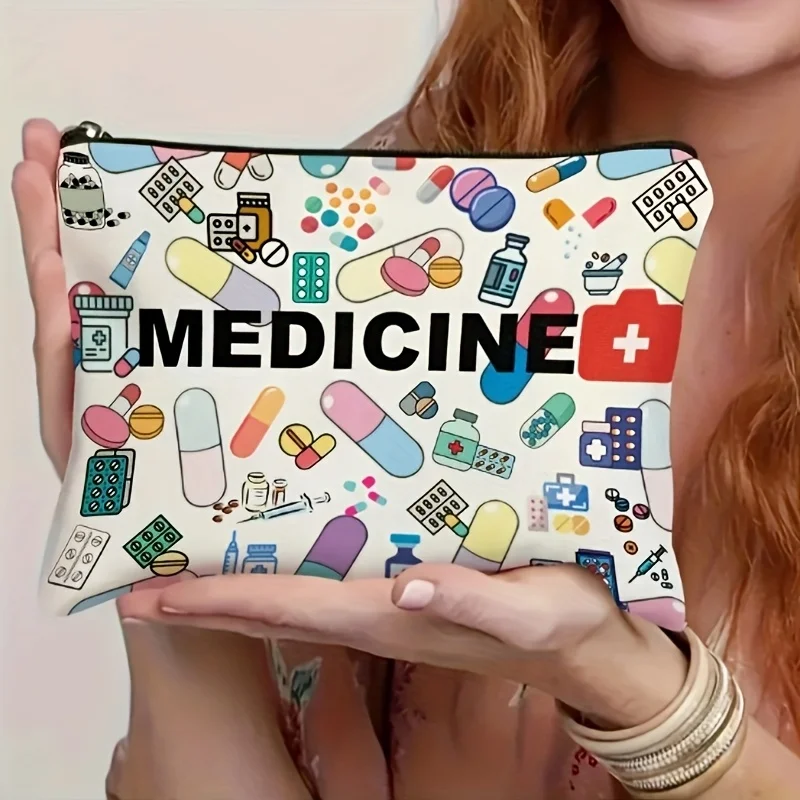 Medicine-Themed Cosmetic Travel Bag - Foldable Lightweight Zippered Makeup Organizer with Pill & Syringe Design, Durable Fabric
