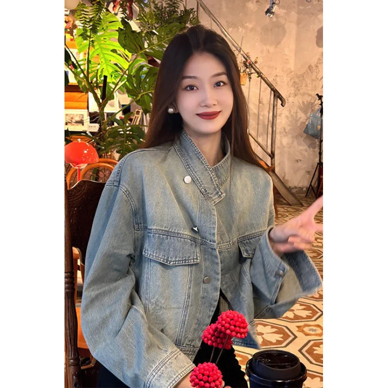 

Весенне-осенний новый женский воротник-стойка для миниатюрных женщин, винтажный дизайн, свободный крой, утягивающий короткий топ для женщин