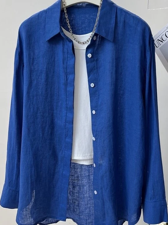 Blue Linen Cotton Women's Shirt Loose Fit Summer New Style Sun Protection Slimming Top  Collar Long Sleeve Regular Length