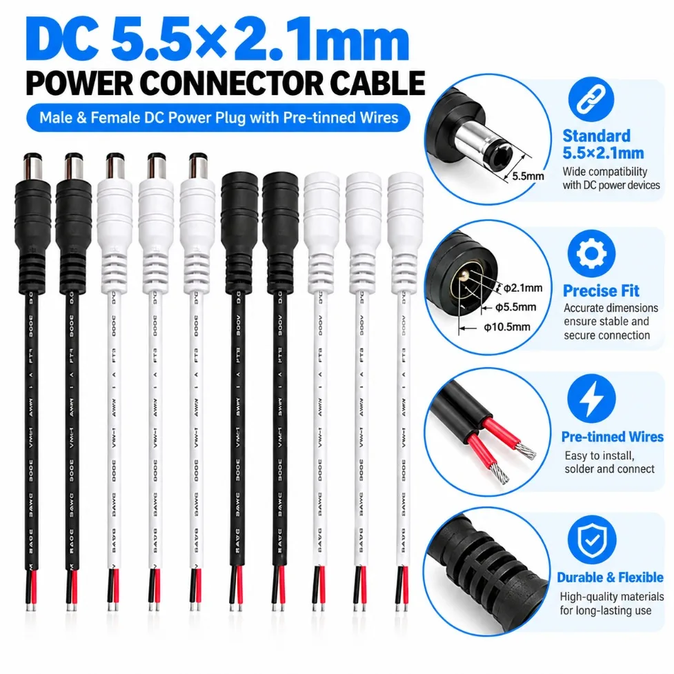 5.5x2.1mm Male Female Power Extension Cable 22AWG DC 5V 12V 24V 5PCS Power Cord Plug Adapter for LED Strip Light Camera Connect