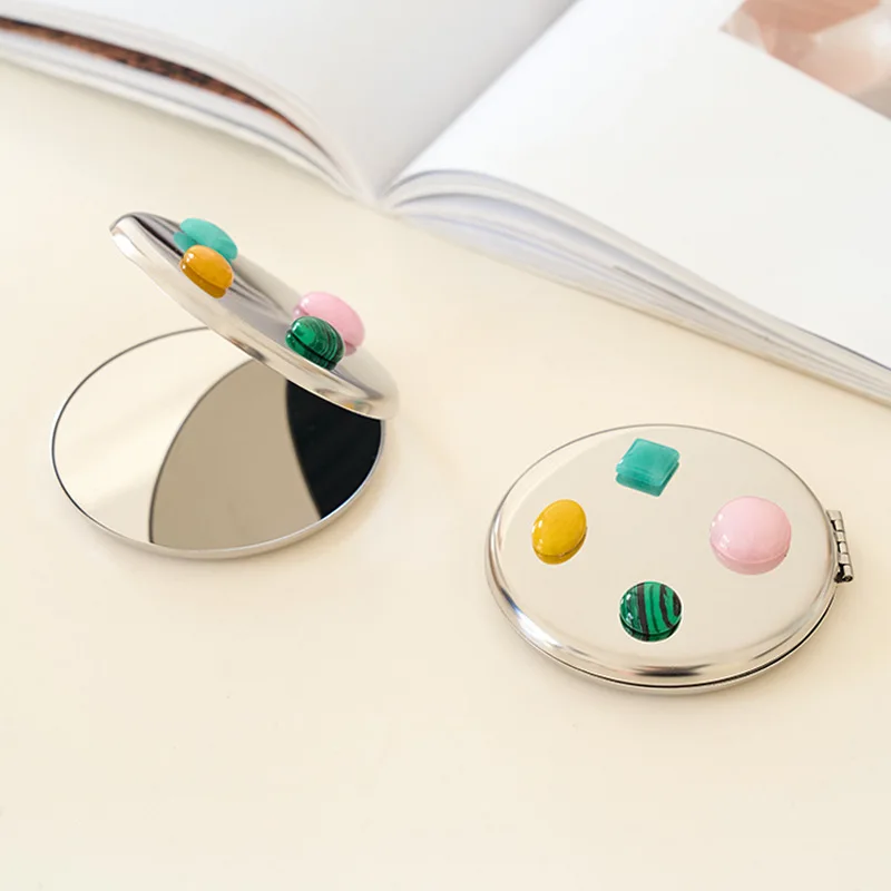Ins Style Natural Stone Portable Mirror, Luxury Stainless Steel Mini Makeup Mirror, Vintage Compact Mirror