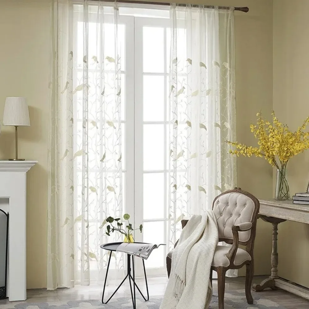 Pastoral Style Bird Embroidered Curtains For Living Room White Sheer Curtains Tulle For Kitchen Window Curtains Fabric Voile