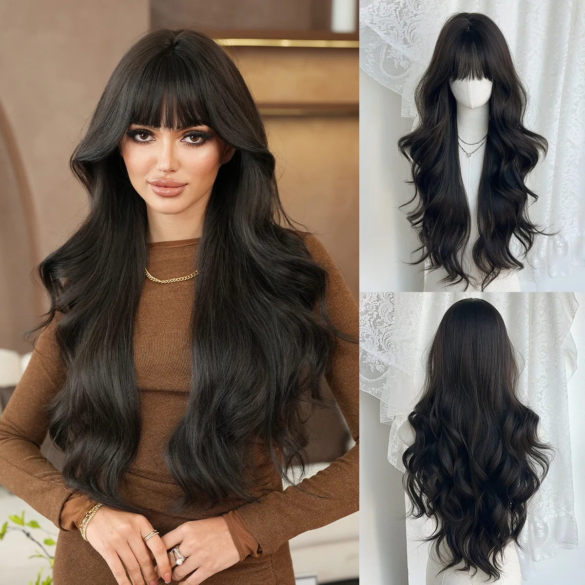 ロングウェーブウィッグ（前髪付き）、ナチュラルブラウンカーリー合成ヘアウィッグ（女性用）、耐熱ボディウェーブウィッグ（フリンジ付き）、デイリーパートウィッグ
