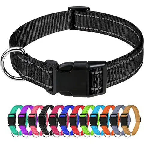 Reflective Nylon Dog Collar Adjustable Quick Release Buckle Pet Collar Multiple Colors Anti-lost Daily Walking Puppy Collar