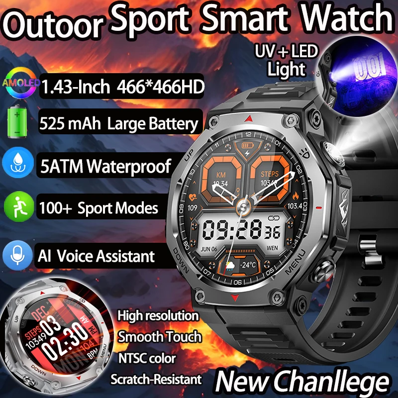 

2025 Спорт на открытом воздухе Смарт-часы Мужчины Женщины УФ-свет Светодиодный фонарик AMOLED Экран Водонепроницаемые умные часы с батареей большой емкости