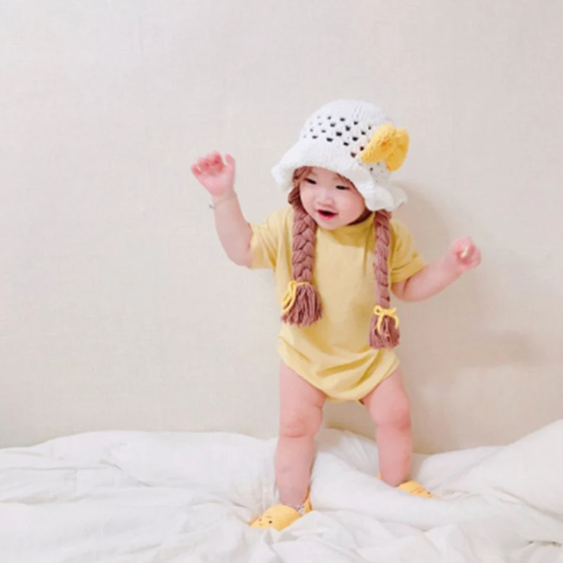 2-4Y Handmade Knitted Cute Baby Girl Wig Hat Infant Wigs Brades Kid Crochet Hat Caps With Plaits Photography Props Headwear