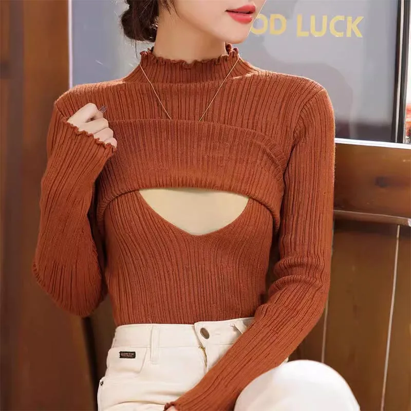 Maternity Fall/Winter Nursing Top Sweater Half Turtleneck Postpartum Woman Breastfeeding Knitted Pullovers Nursing Top