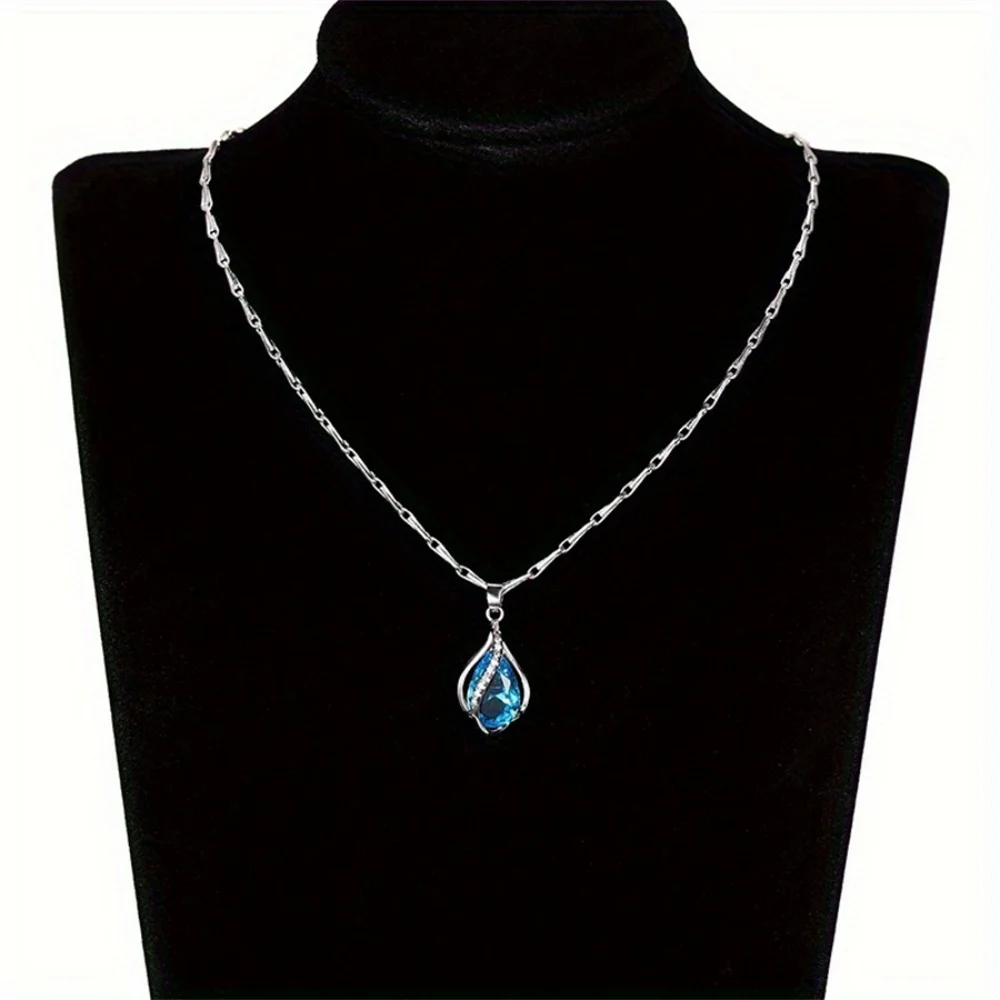 Elegante Damen-Halskette mit blauem Wassertropfen-Anhänger aus Zirkonia-Imitation, Schmuck für den Alltag, Bankette, Partys, Geschenk-Accessoires für Mädchen – Detail 6