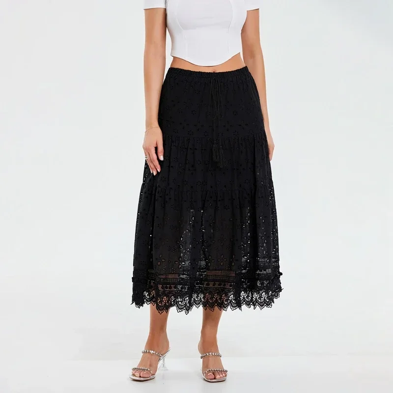 Bohemian Jacquard Eyelet Long Skirts Vintage Hollow-Out Elastic Waist Maxi Skirts Beach Holiday Fairy Cottage Y2K A-line Skirts