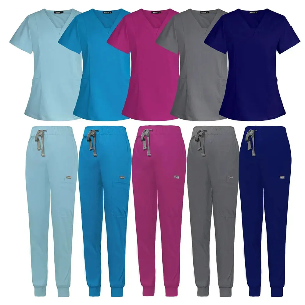 Multicolour Jogger Suits Doctor Nursing Uniforms Short Sleeve V-neck Top Pocket Pants Nurse Scrubs Set Medical Clinical Uniform