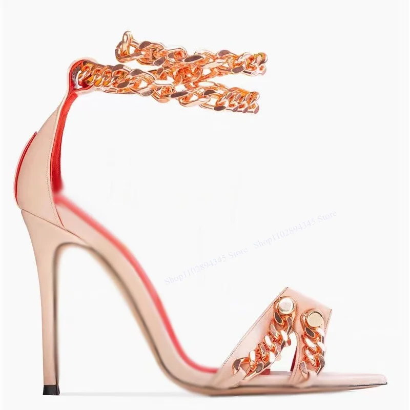 Red Chain Peep Toe Sandals Cover Heel Thin High Heel Buckle Cool Fashionable Sexy Summer Big Size Woman Shoes Zapatillas Mujer