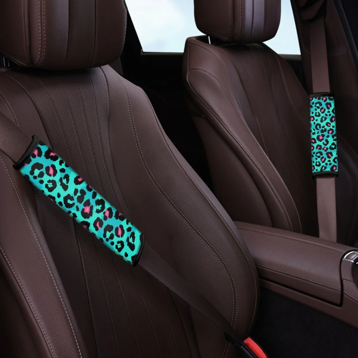 Universal Car Seat Belt Pads Green Leopard Pattern Comfort Vehicles Seat Belt Covers For Adults Kids Slip-Resistant Accessories