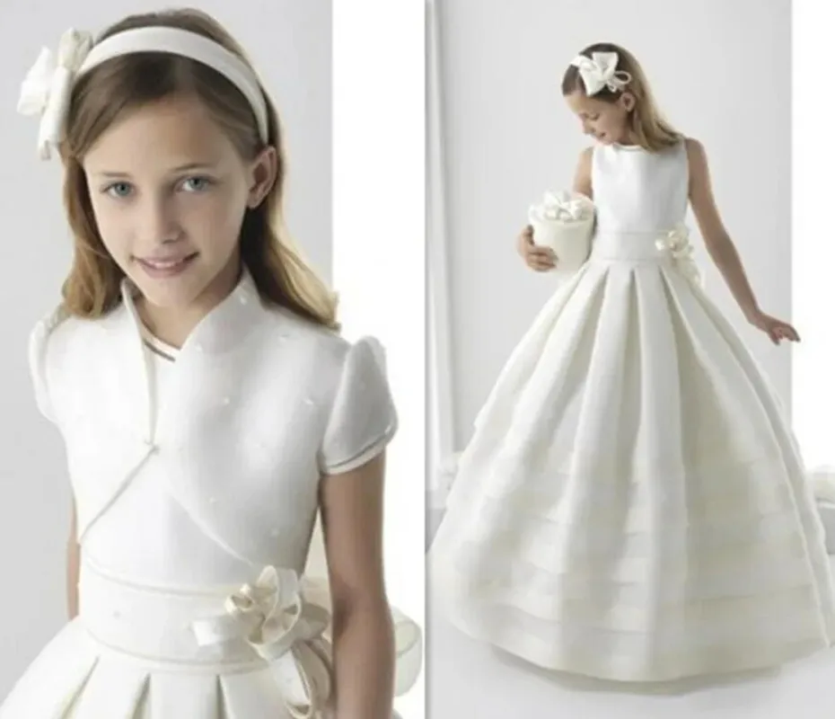 

Ivory White Girls First Communion Dress Ball Gown Satin Pearls Little Princess Pageant Dress Birthday Gown Communion Vestidos