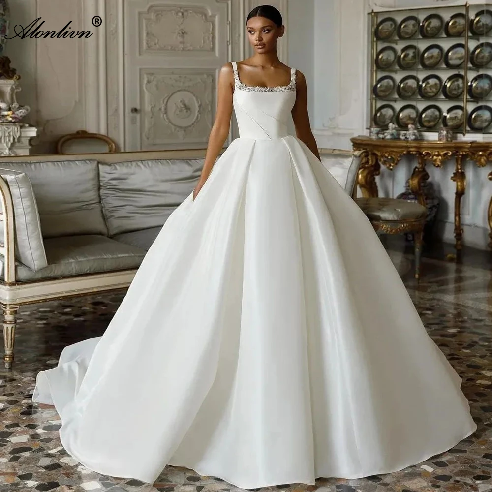 Alonlivn Luxury Satin Square Collar Puffy Ball Gown Wedding Dresses Court Train Beading Pearls Princess Bride Gowns