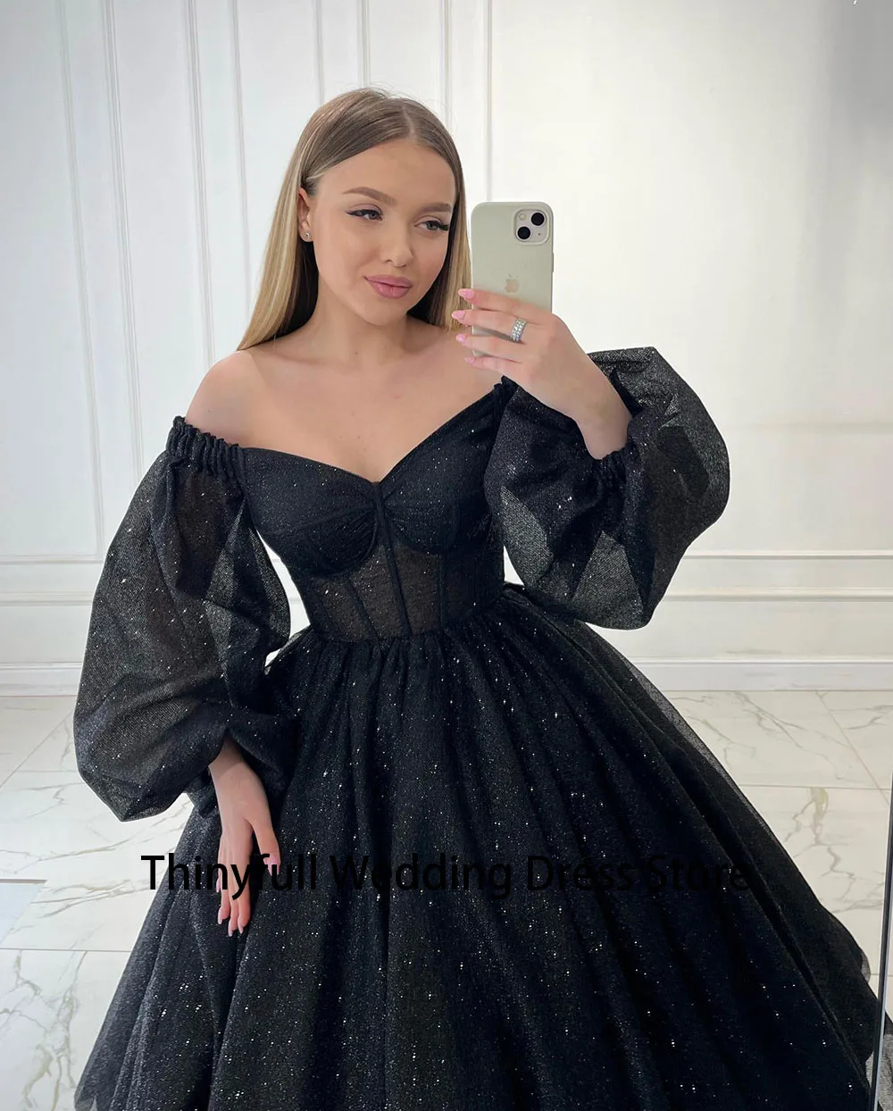 Thinyfull A Line Black Glitter Prom Gown Off Shoulder Tulle Evening Party Dresses Tea Length Prom Dress Customized Events Dress