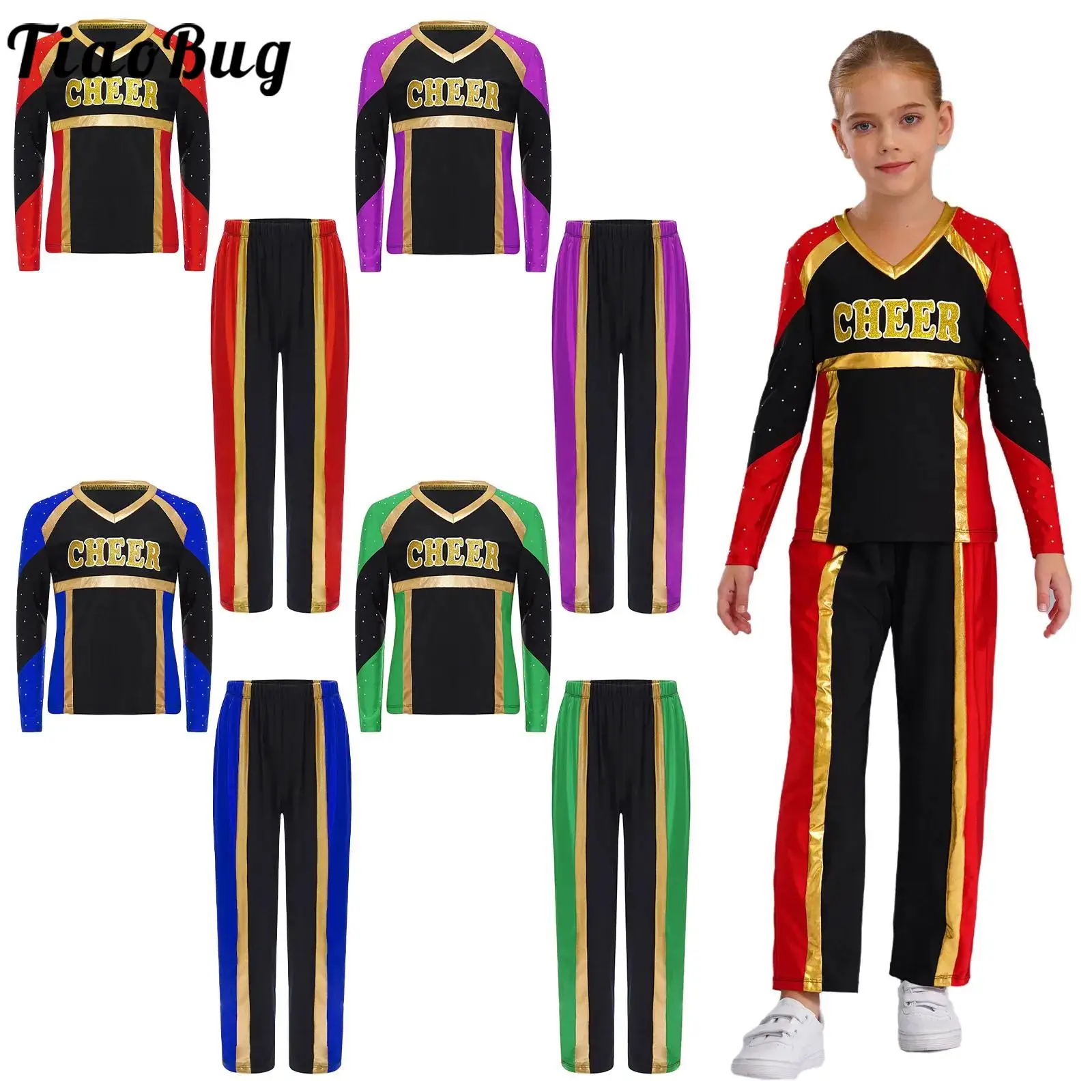 

Kids Boys Girls Cheerleading Gymnastic Modern Performance Outfits Long Sleeve Letter Print T-shirt with Pants Color Block Sets