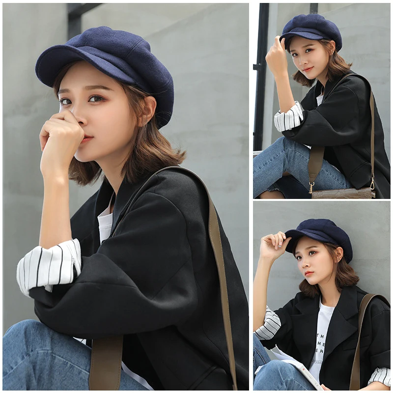 Einfarbige achteckige Wollmütze im koreanischen Stil für Damen, Herbst/Winter, neuer Stil, Entenschnabel-Baskenmütze, trendiger Malermütze im britischen Stil – Detail 6
