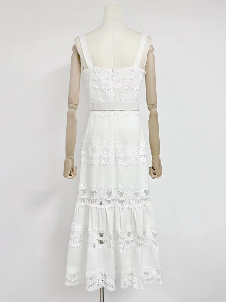 Sexy pescoço quadrado oco para fora vestido longo feminino branco sem mangas cortar rendas a linha vestidos de festa à noite