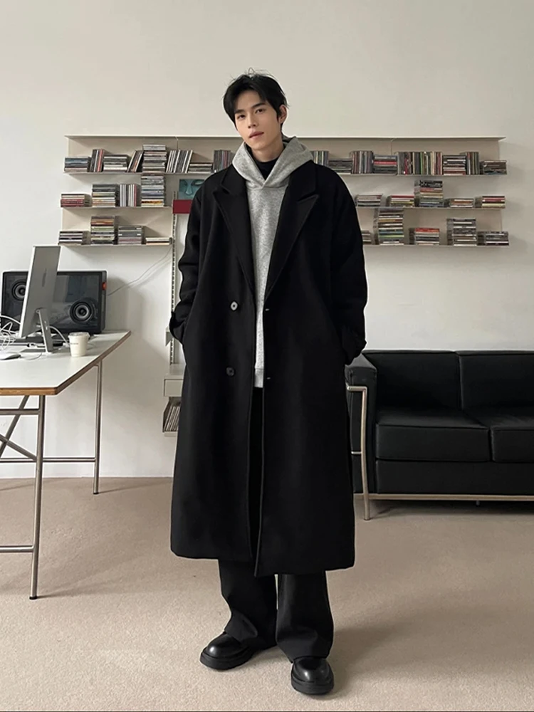 

Bla Woolen Men's Coat Mid-Length Briti Sle Windbreaker Over-Knee Cleanfit Autumn Winter Trench Coat Casual American Sle