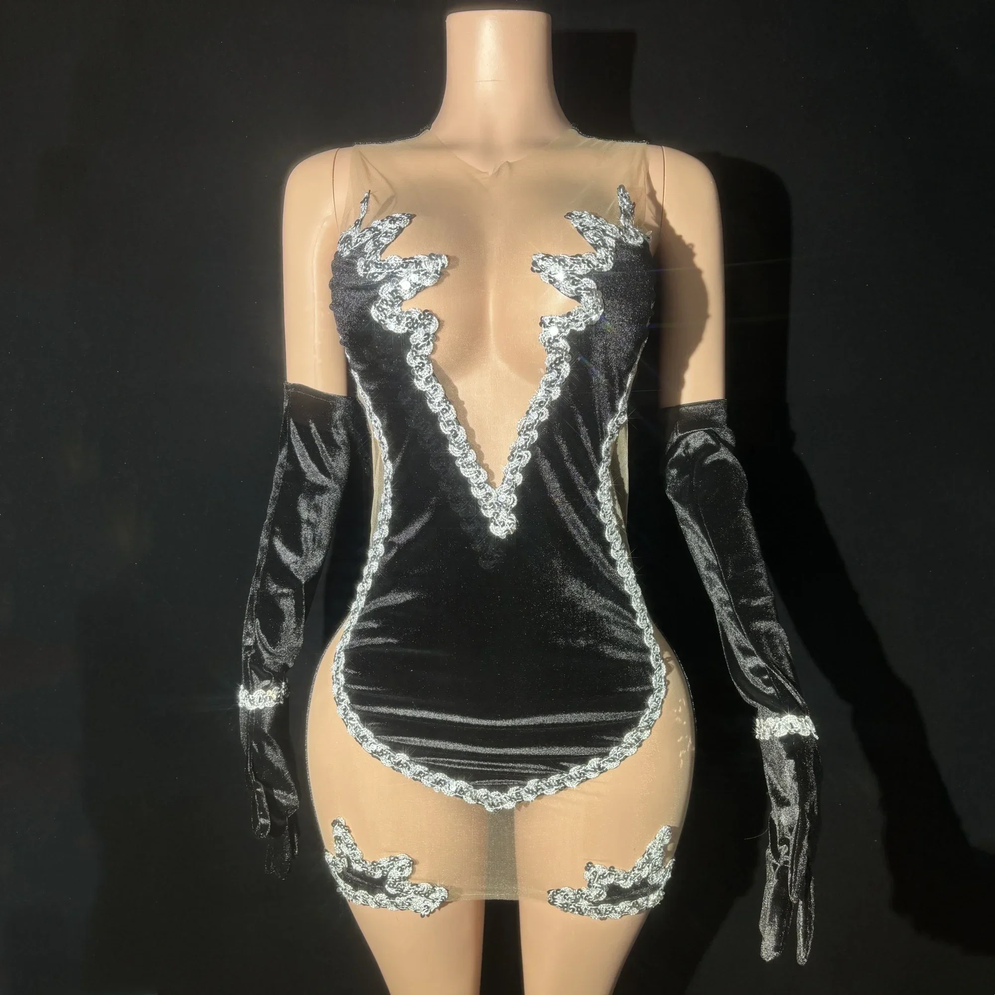 

Black Velet With Gloves Sexy See-Through Sheath Evening Party Nightclub Performance Costume Bar Singer Stage Wear Mini Dress