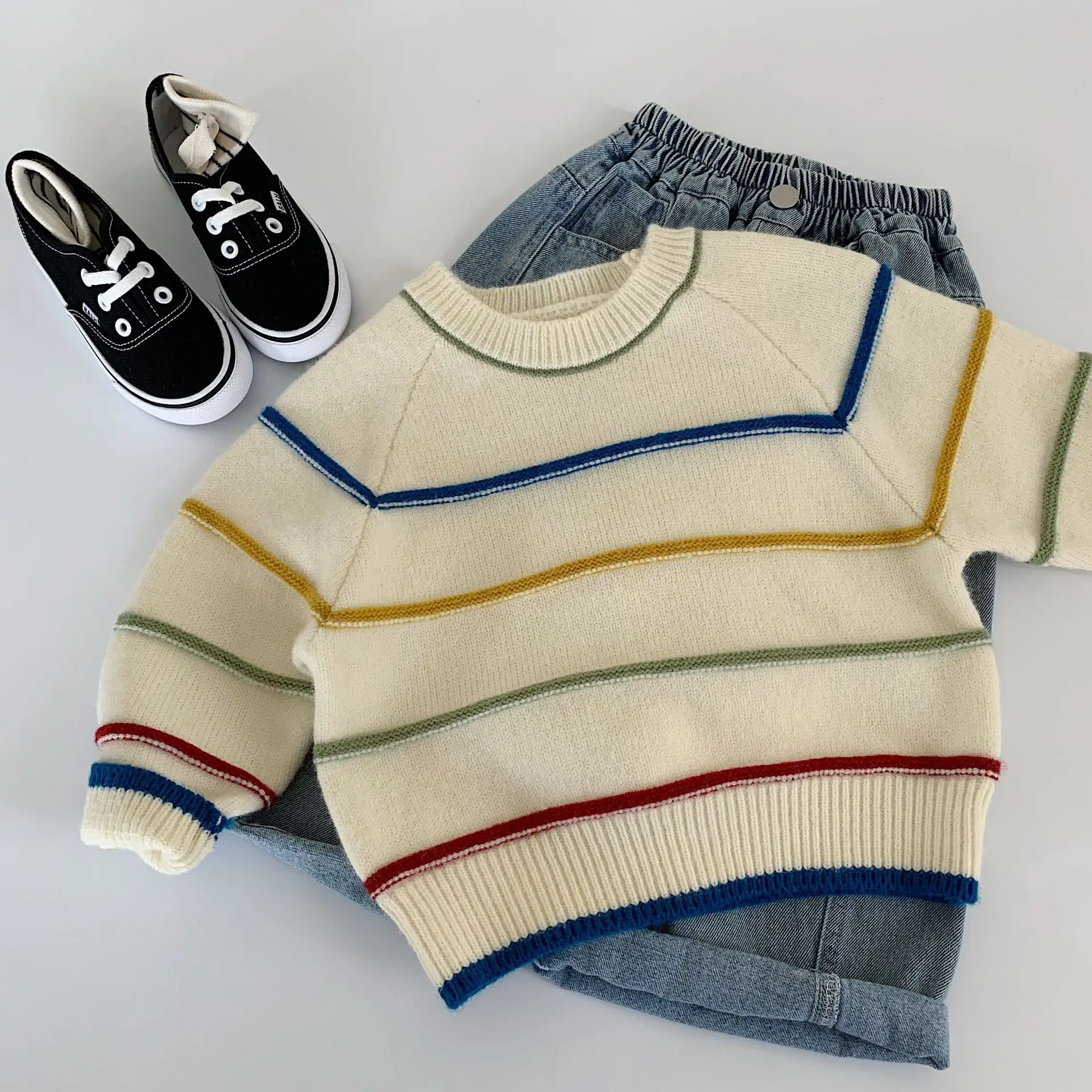 Children's Sweater with Colorful Stripes, Simple Design, Loose and Comfortable, 2025 New Children's Clothing