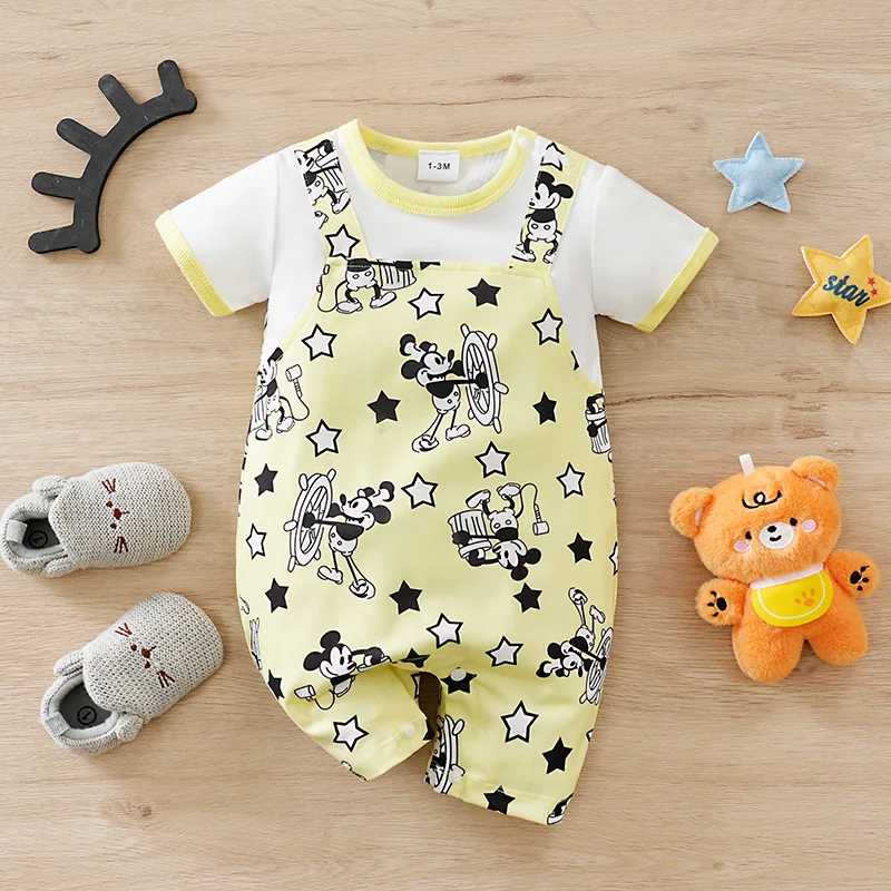 Summer 0-18Months Boys and Girls Baby Short-Sleeve Romper  Fake Suspenders & Layered Look with Mickey Mouse Print baby clothes