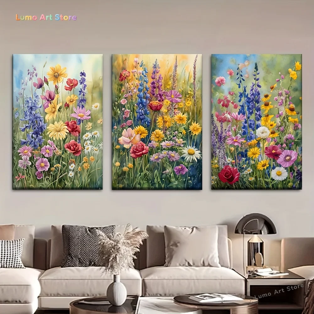 3pcs/set, Canvas Painting--Unframed, Fields Full of Colorful Wildflowers, Posters and Prints, Living Room, Library, Office, C