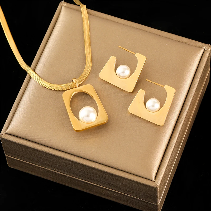 EILIECK 316L Edelstahl Geometrische Perlenkette Ohrringe Trendy Für Frauen Neues Party-Geschenk Goldfarben Wasserdichtes Schmuckset – Detail 12