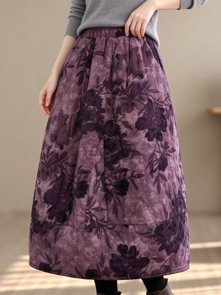 Amax LuluE Chinese Fashion Vintage Printed Padded Skirts Womens Classic Leisure A Line Clothes Ladies Casual Cotton Streetwear