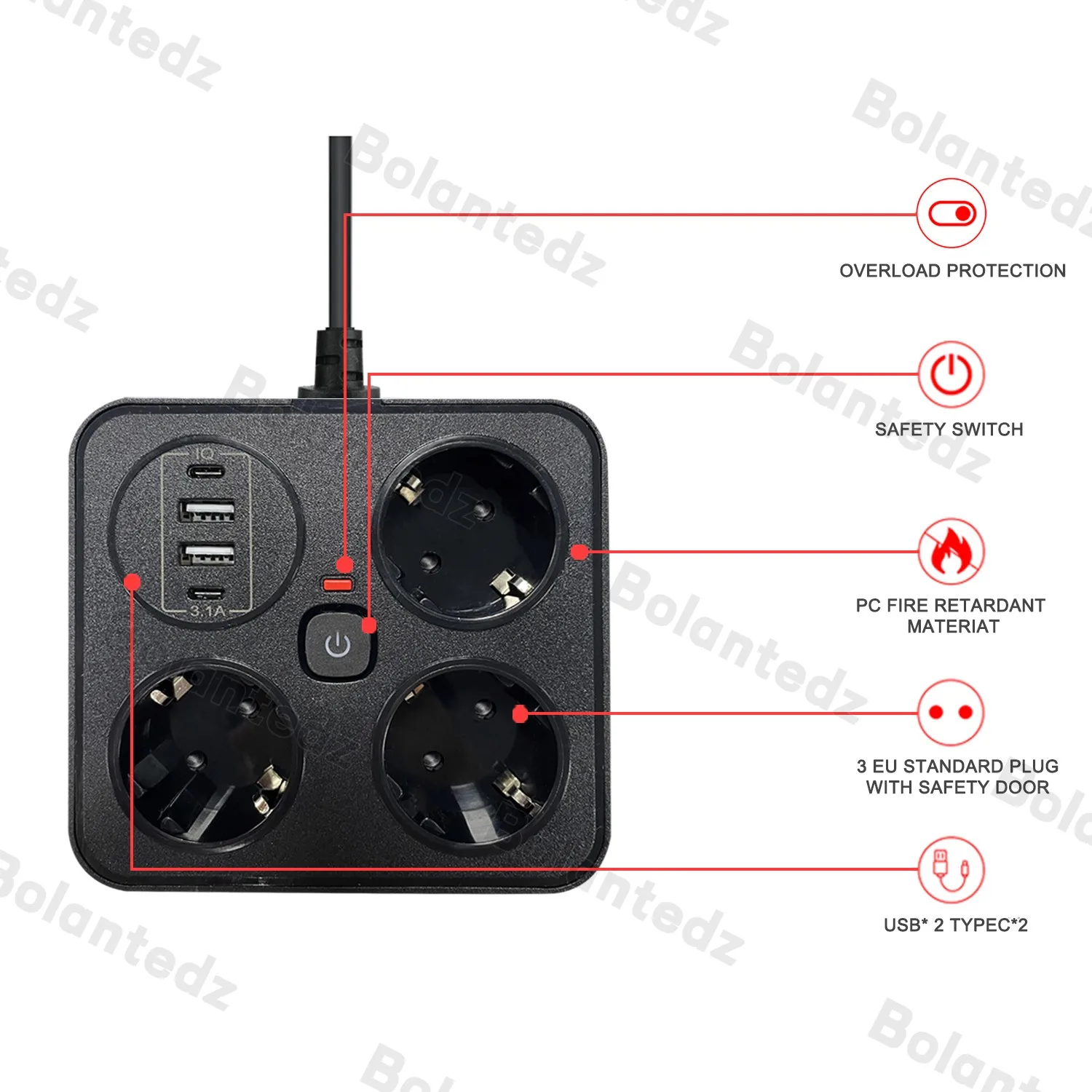 Schuko Plug 3AC European Power Socket with 2USB 2Type-C Port Overload Protection German Power Strip for Household Hotel Bedrooms