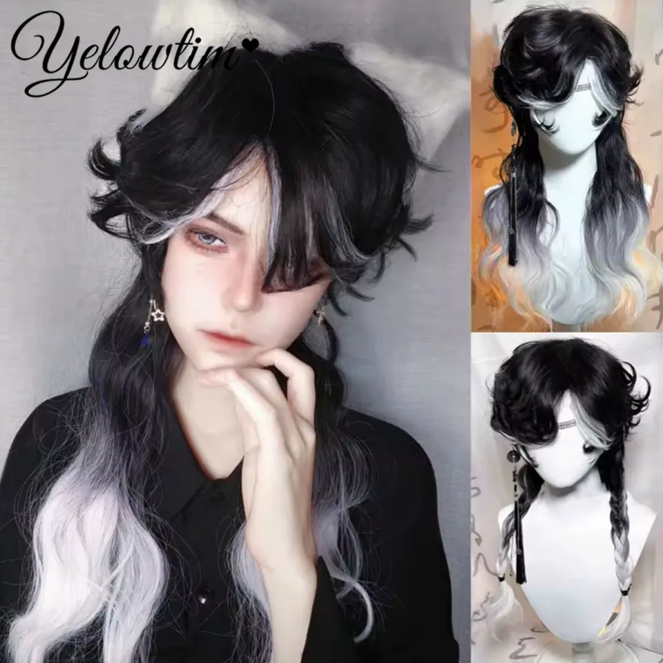 

OLACARE Short Mullet Head Wigs with Bangs Synthetic Straight Anime Men Black White Gray Green Hair Wig for Daily Party Cosplay
