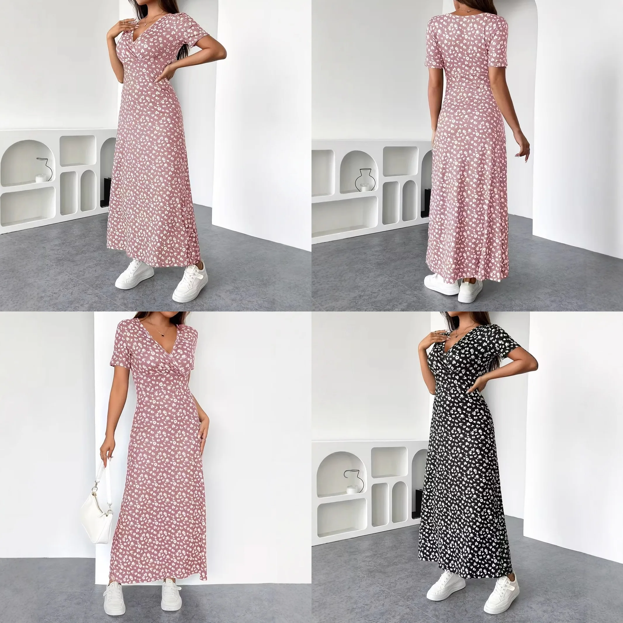 Sommerliches Blumenkleid mit Kurzen Ärmeln und V-Ausschnitt, Midi-Kleider für Damen, Frühling-Sommer Mode Bluse Top T-Shirt