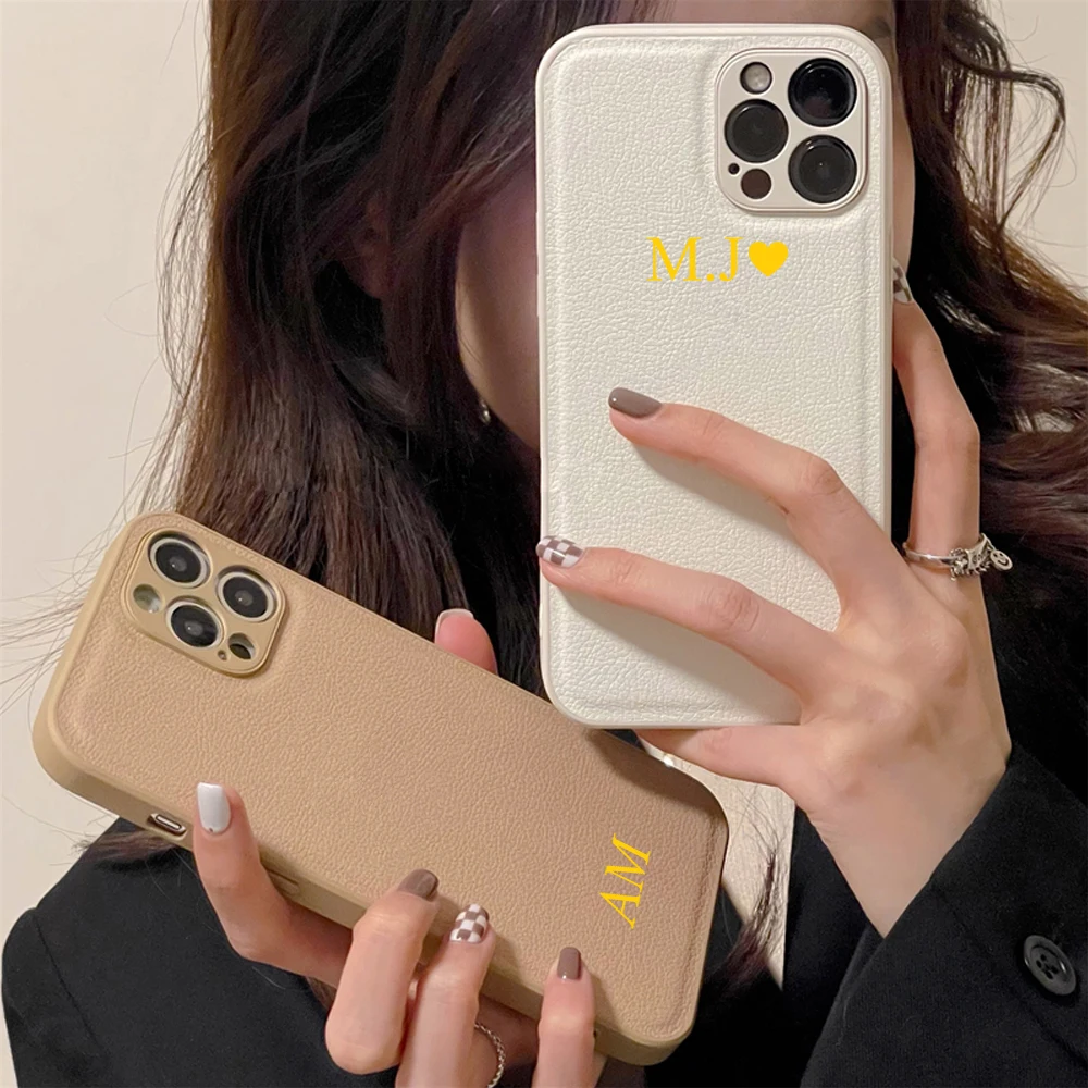 Aanpassen Gepersonaliseerde Initialen Pu Bruin Wit Case Voor Iphone 13 11 12 Pro Max X Xr 7 8 Plus Luxe cover Voor Iphone 11 Pro Max