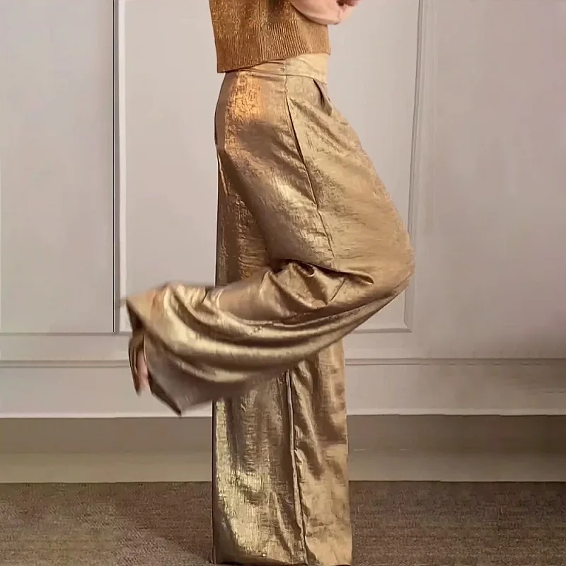 

Spring Vintage Metallic Color Casual Pants Women Fashion High Waist Loose Straight Trousers Summer Pocket Wide Leg Pant Harajuku