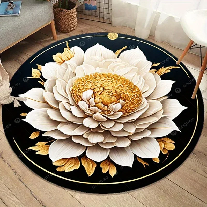

Round White Lotus Rug with Gold Center – Elegant Floral Crystal Velvet Floor Mat for Living Room or Bedroom