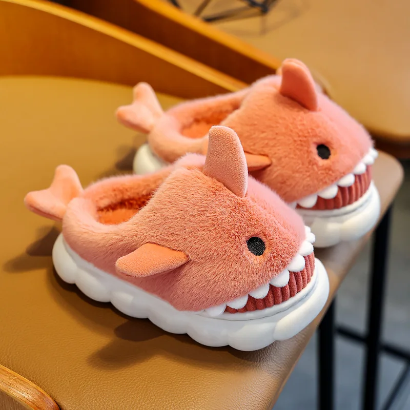 Cotton Slippers Boys And Girls Cute Cartoon Shark Slippers Fall And Winter Home Indoor Monthly Shoes Thick Bottom Slip