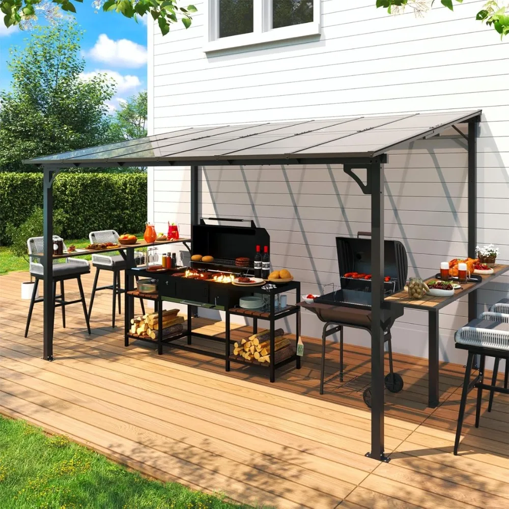 

8' x 12' Wall Mounted Gazebo, Outdoor BBQ Grill Gazebo with Side Shelf, Lean to Metal Awnings with Sloped Roof