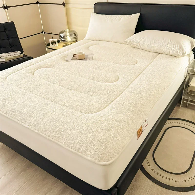 2024 padded thickened lamb wool mattress solid color warm constant temperature mattress machine washable dust protective cover