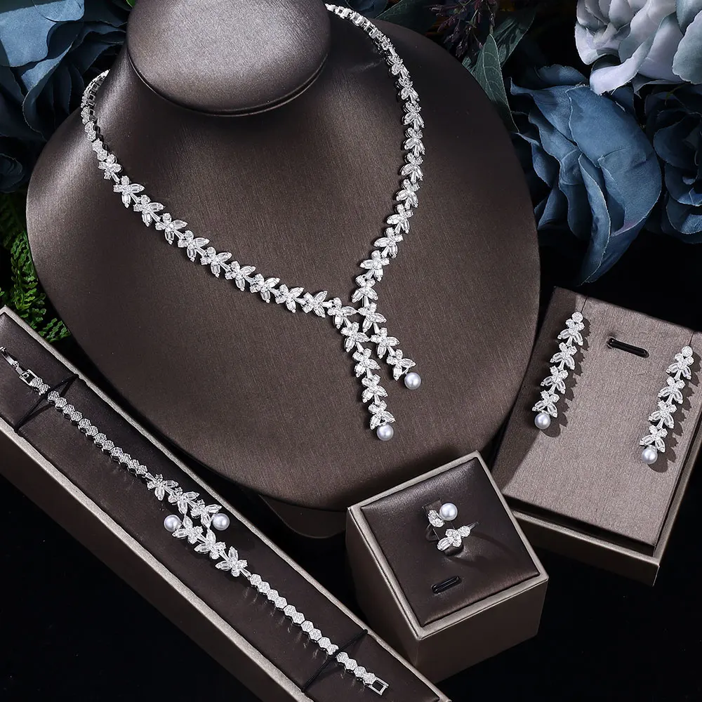 

2023 Popular 4-piece Bridal Zirconia Full Set Women's Party Jewelry, Luxury Dubai Nigeria CZ Luxury Crystal Wedding Necklace Set